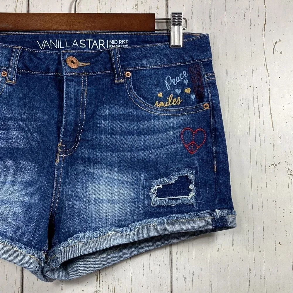 Vanilla Star Womens Embroidered Cuffed Distressed Mid Rise Jean Denim Shorts